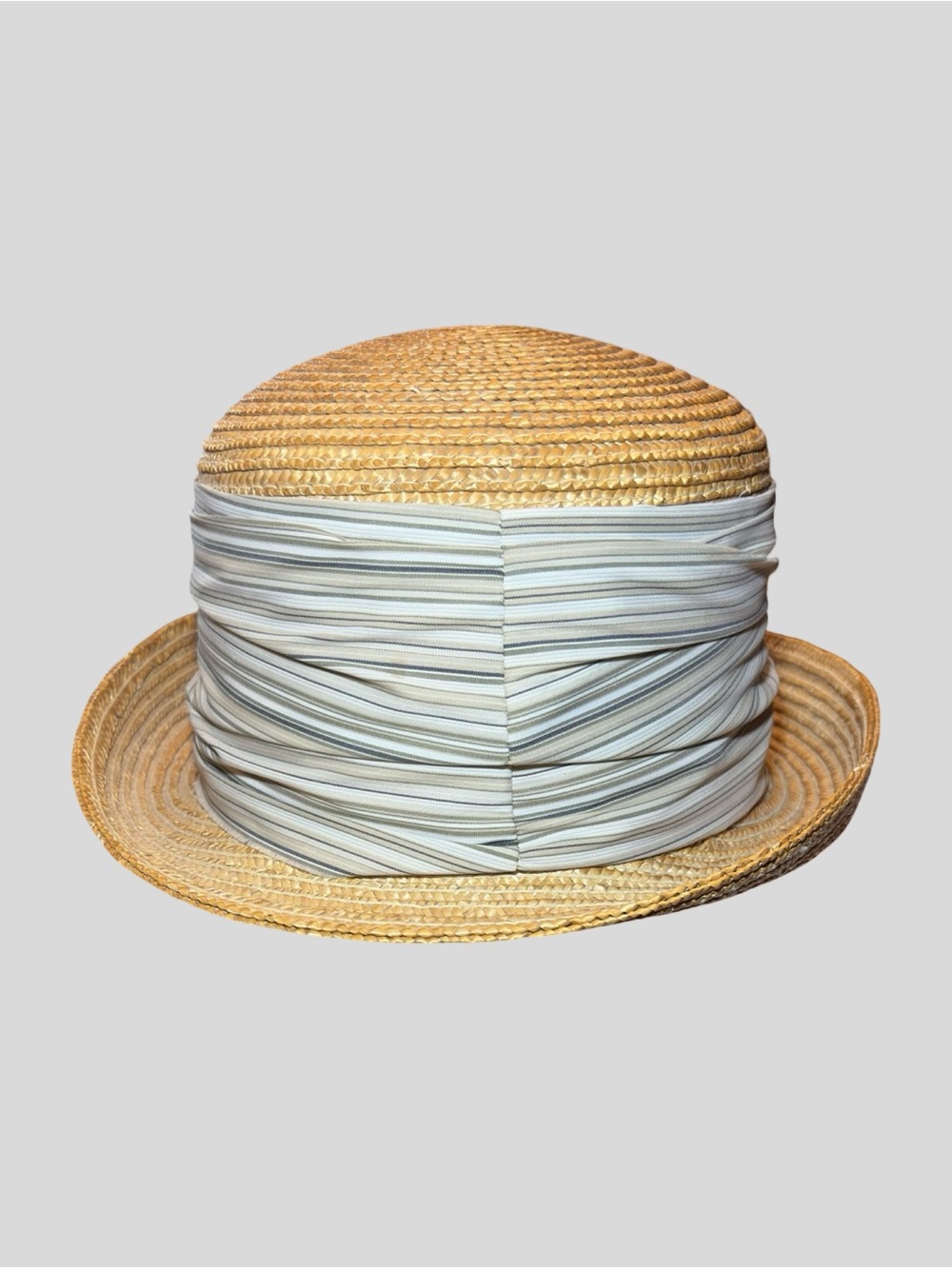 Betmar New York Vintage Straw Cloche Bowler Hat Striped Ban - Picture 9 of 16